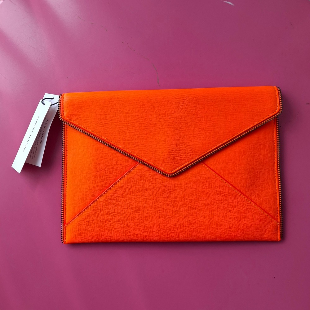 Rebecca Minkoff Leo Clutch Neon Orange Pebbled Leather Envelope Bag Clutch NWT